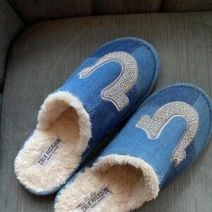 True Religion Blue Denim Slippers with Rhinestones